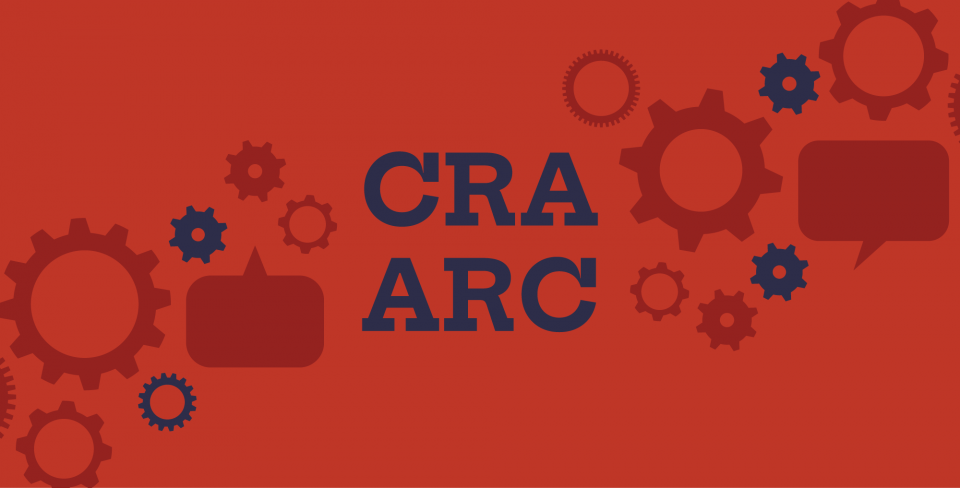 Fond rouge avec les mots « CRA-ARC » au centre et un collage de rouages et de bulles de conversation autour.