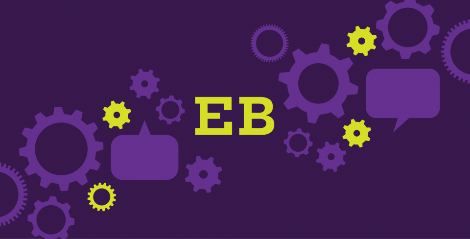 Purple graphic with cogs in background with yellow text that reads EB. 