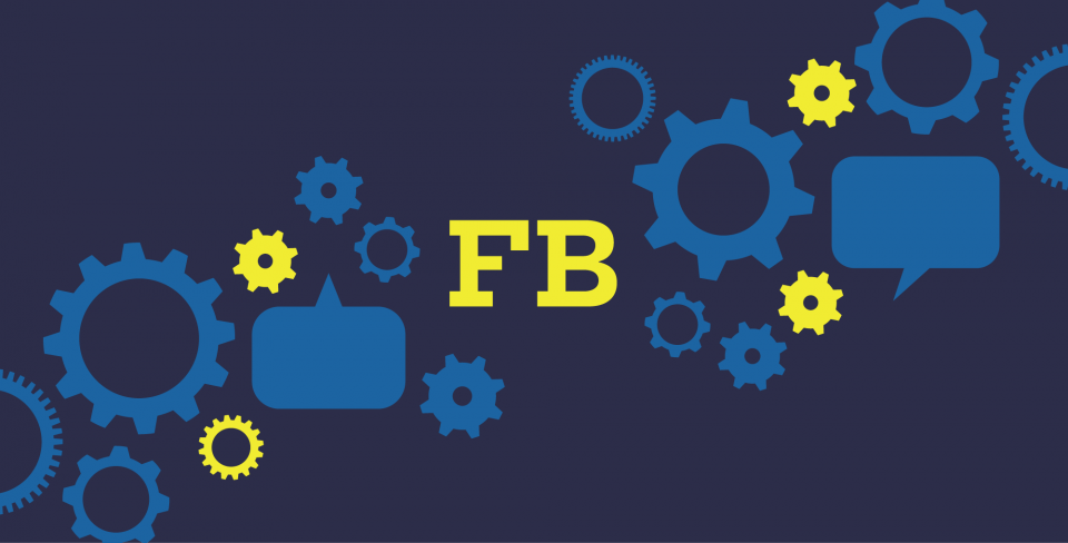 Graphique de négociation FB Fond bleu marine avec des engrenages bleus et jaunes et des bulles de discussion avec « FB » au milieu.