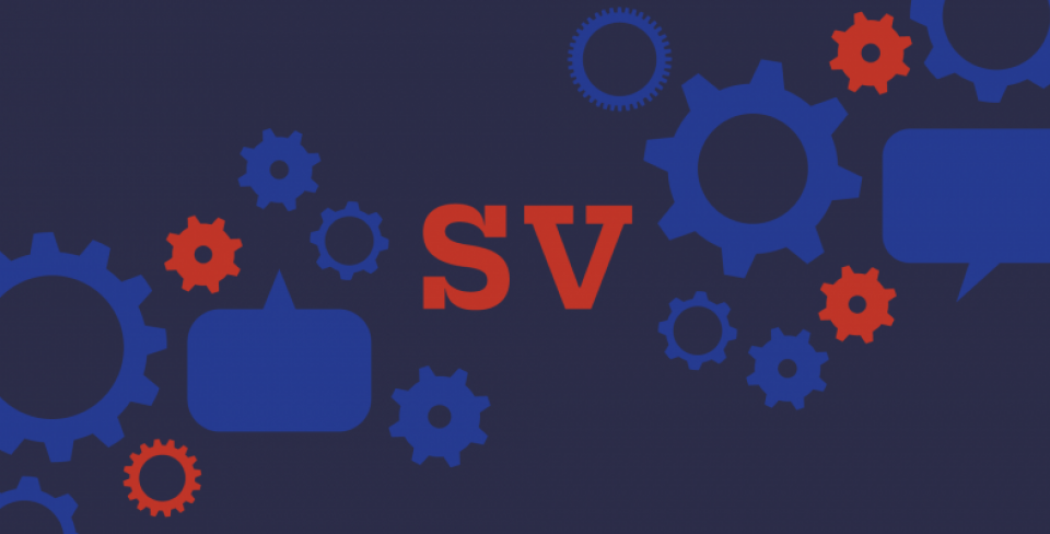 SV text on dark blue background with cogs