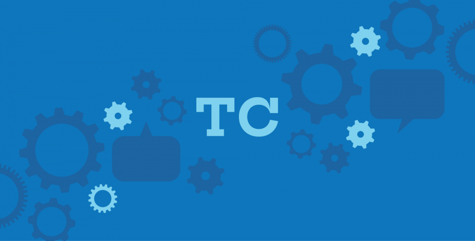 TC text on blue background with cogs