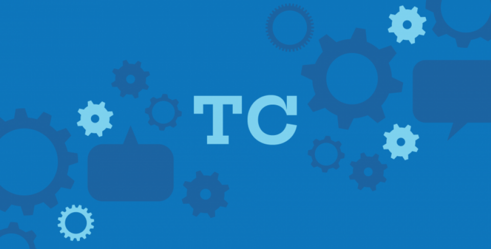 Graphisme bleu représentant des rouages et comportant l'inscription « TC » au centre