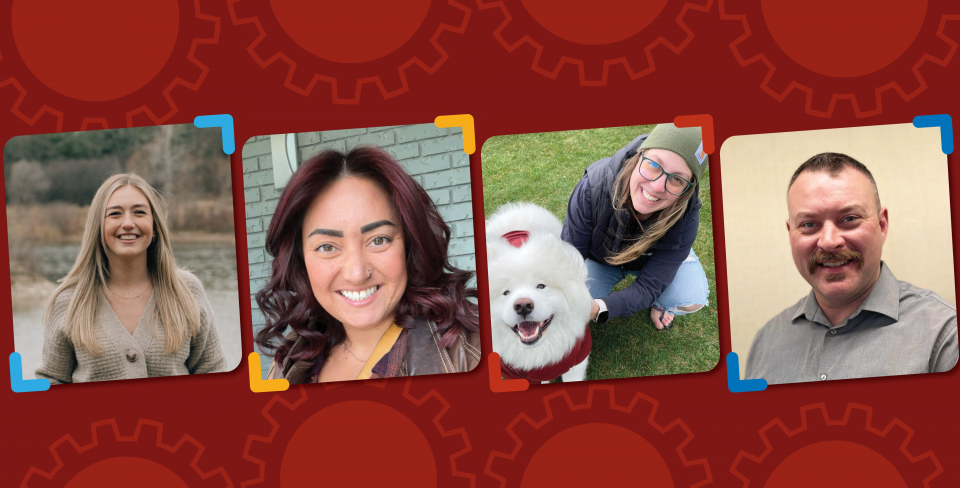 Image de bannière représentant nos membres sur un fond rouge texturé