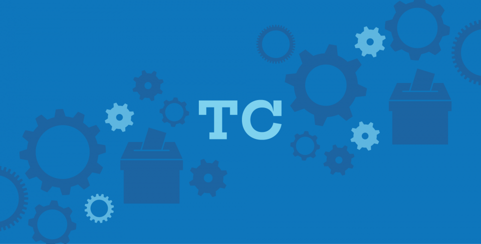 Blue background with a collage of cogs and speech bubbles and the letters "TC" in the middle.