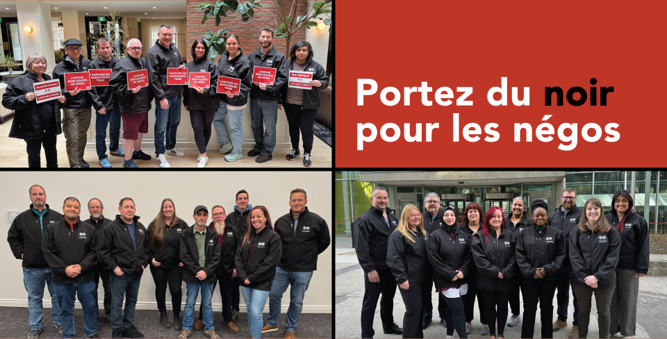 Photos des équipes de négociation de la PA, de la SV et de la TC vêtues de noir, accompagnées du message « Portez du noir pour les négos »