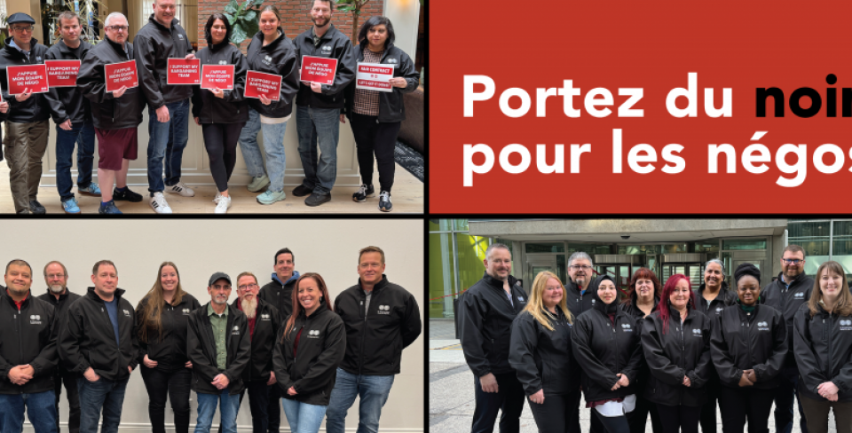 Photos des membres de l'équipe de négociation vêtus de noir, avec une inscription en blanc sur fond rouge indiquant « Portez du noir pour les négos » 