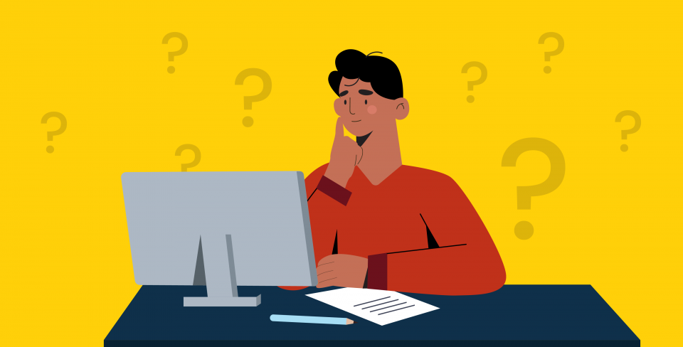 Illustration « FAQ » Fond jaune avec des points d'interrogation et une personne regardant l'écran d'un ordinateur