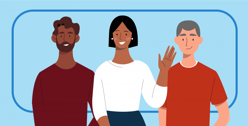 Illustration représentant trois personnes faisant un signe de la main sur fond bleu.