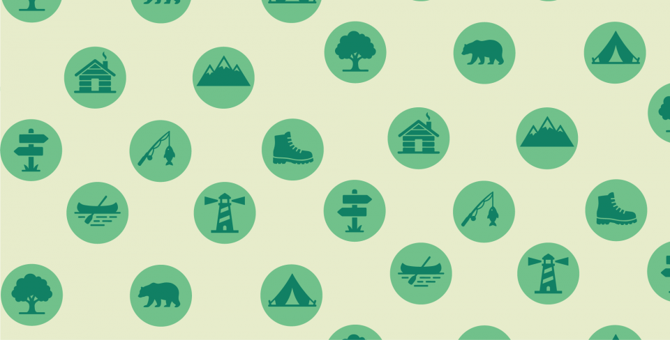 Un graphique pour la Journée des parcs du Canada Un motif ludique d’icônes de plein air qui célèbre les parcs et la nature au Canada.