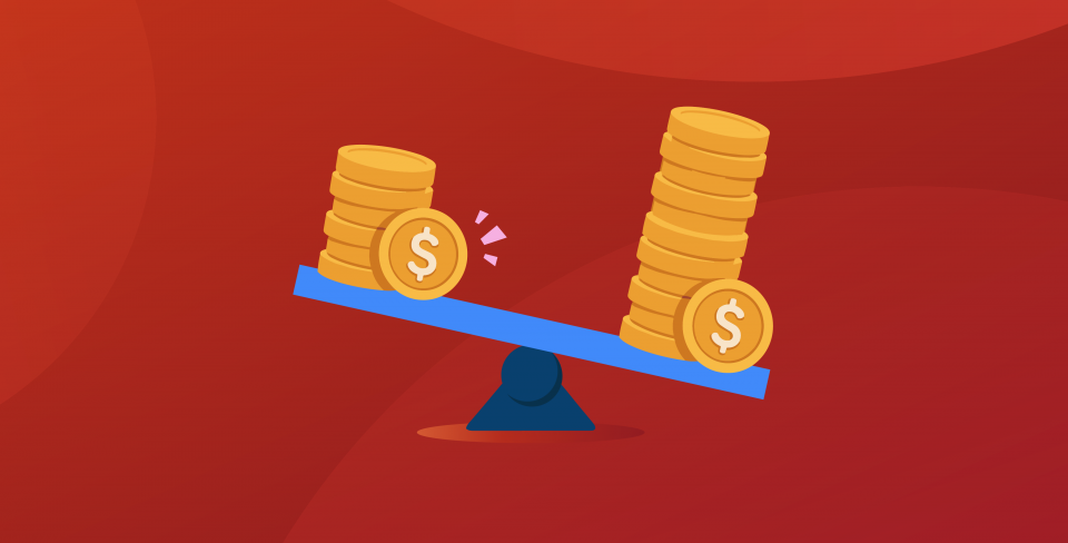Graphique sur l’écart salarial entre les genres Illustration d’une balance inclinée montrant des piles de pièces de monnaie inégales, représentant l’écart salarial entre les genres.