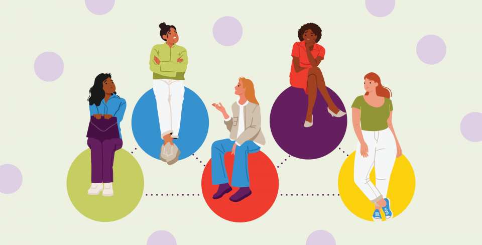 Fond vert clair à pois, sur lequel un groupe de femmes aux visages inquiets, assises sur des cercles colorés, discutent entre elles.