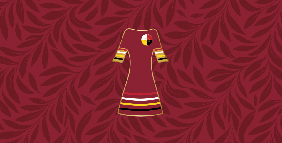 Illustration représentant une robe rouge sur un fond rouge foncé orné de motifs de feuilles.