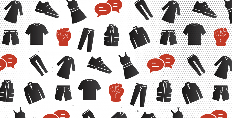 Des images de pantalons, hauts, robes et chaussures noirs, mêlées à des poings rouges symbolisant la solidarité et à des bulles de dialogue, sur fond blanc.