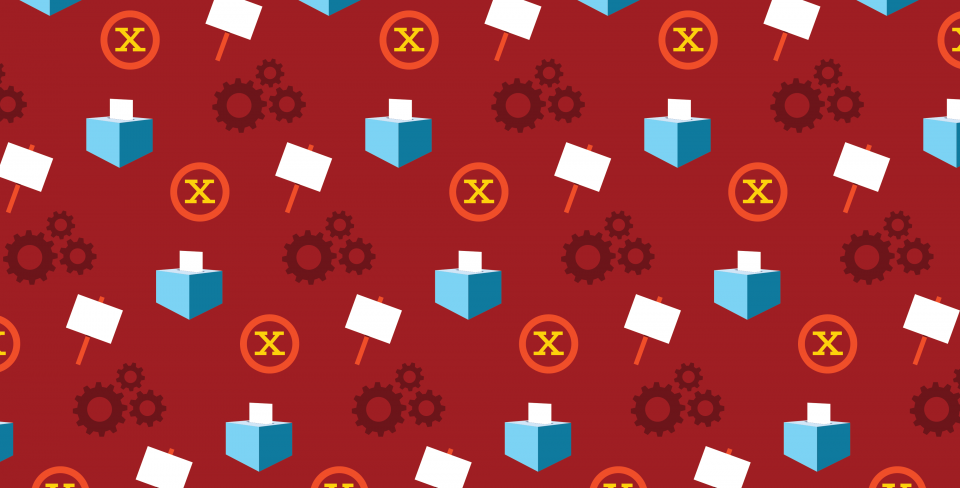 Illustration sur le vote de grève Un fond rouge orné d'un motif composé d'urnes électorales, de « X » encerclés, de pancartes de grève et de rouages.