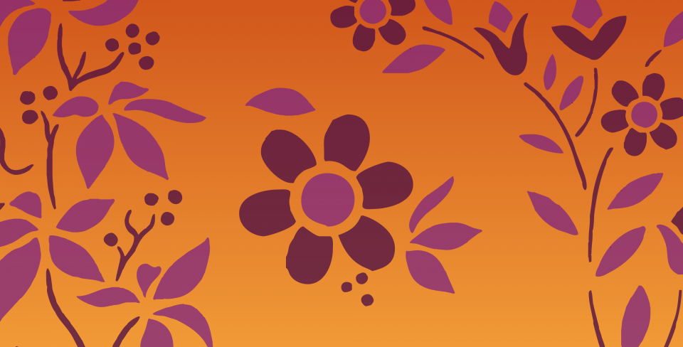 Graphique de la journée nationale de la vérité et de la réconciliation Un fond orange chaleureux orné d’un motif floral répétitif dans des tons de violet et de bordeaux.
