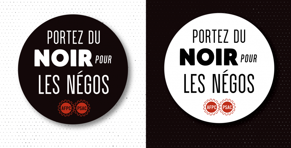 Autocollants « Portez du noir » Un fond blanc avec un autocollant noir, et un fond noir avec un autocollant blanc, portant chacun l'inscription « Portez du noir pour les négociations »