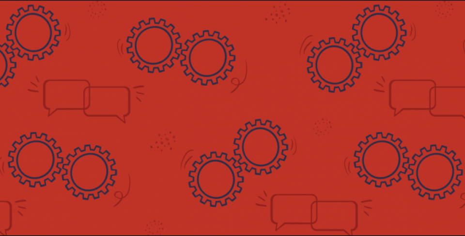 Graphique rouge représentant des rouages et des bulles de dialogue. 
