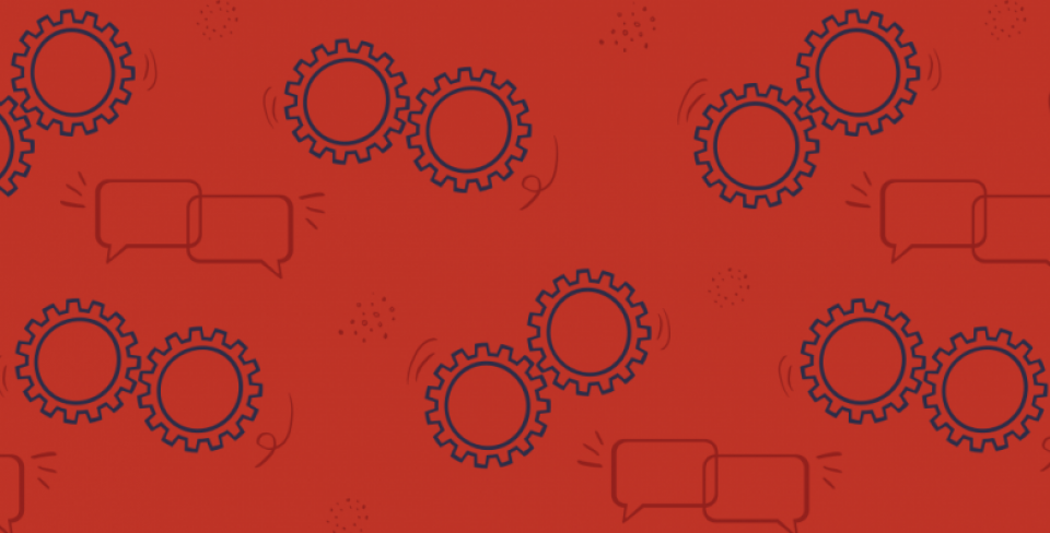 Graphique rouge représentant des rouages et des bulles de dialogue. 