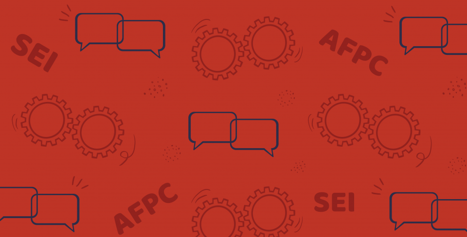 Texte: AFPC SEI  et bulles de texte et rouages