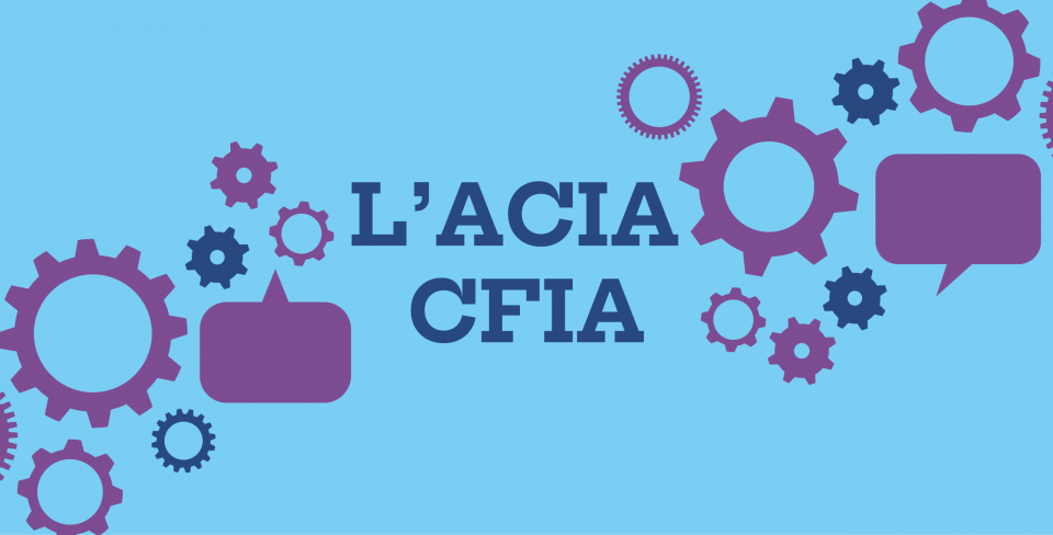 Texte CFIA L'ACIA sur fond bleu clair avec icônes d'engrenages