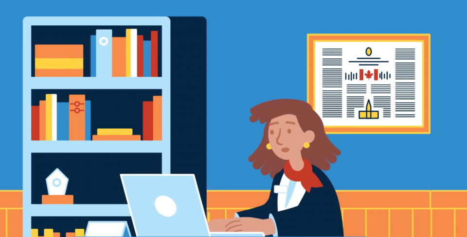 Illustration d'une députée assise à son bureau devant un ordinateur portable.