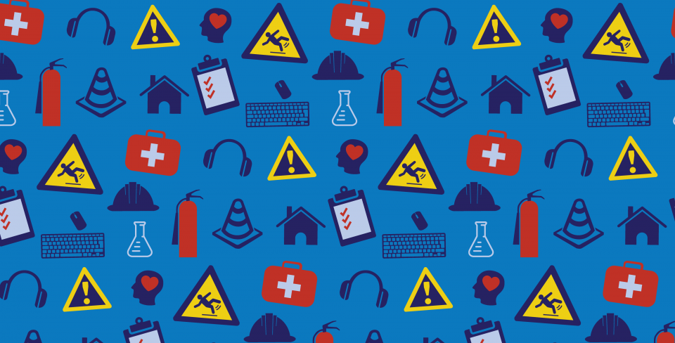 Fond bleu avec des images clipart représentant des icônes liées à la santé et à la sécurité, telles que des trousses de premiers secours, des panneaux d'avertissement et des casques antibruit.
