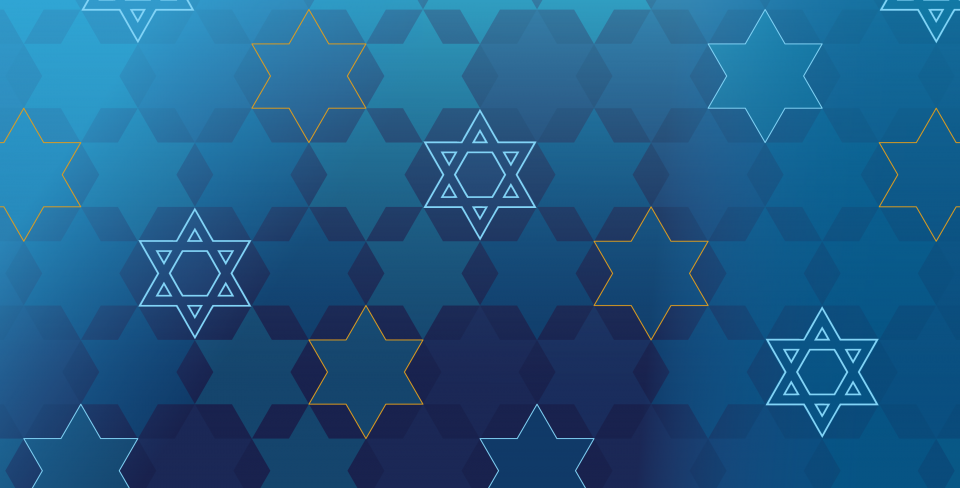 Fond géométrique bleu composé d'étoiles de David qui se chevauchent, dans différentes nuances de bleu et d'or.