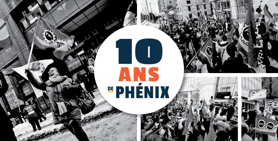 Collage de trois images en noir et blanc représentant des membres de l'AFPC protestant contre Phénix au fil des ans, avec le logo blanc « 10 ans de Phénix » au centre.
