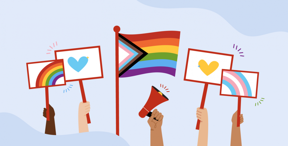 Different coloured hands holding pride, heart and rainbow flags