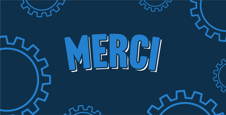 Fond bleu avec roues dentées et « merci »
