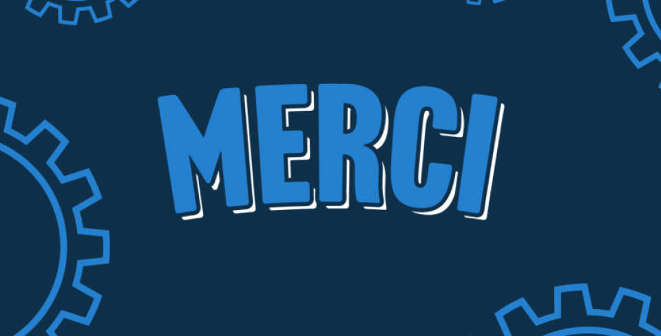 Image de remerciement Illustration bleue représentant des rouages et portant l'inscription « Merci »