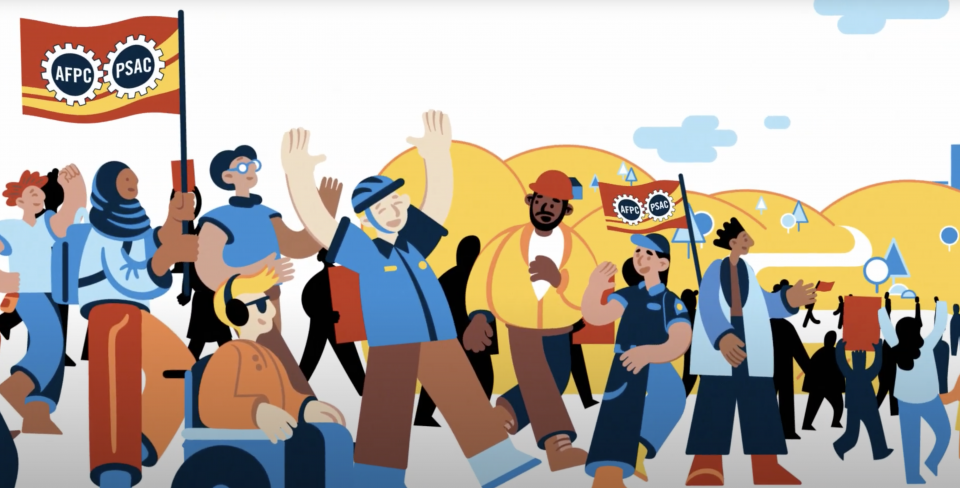 Une foule de personnages illustrés brandissant des drapeaux de la PSAC.