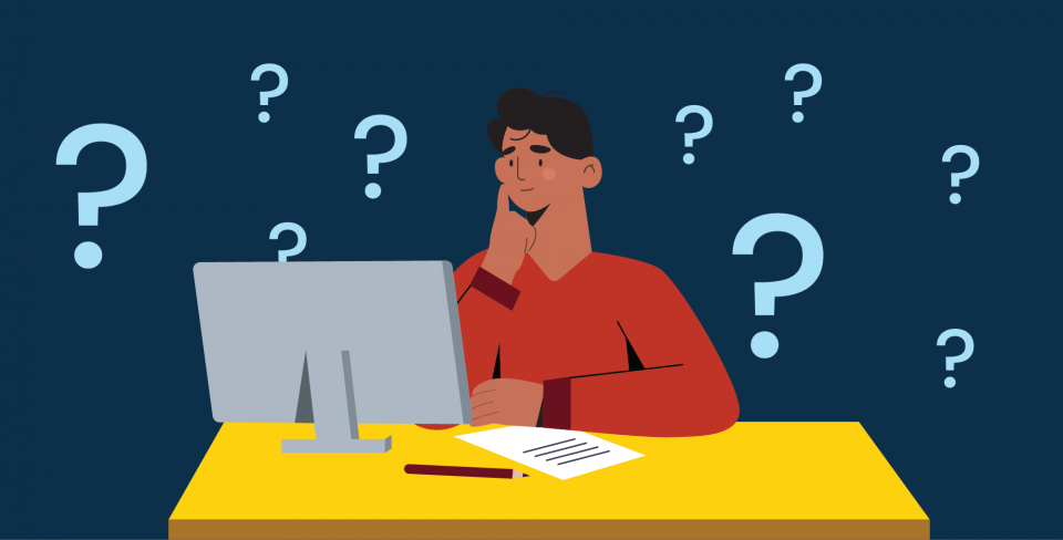 Homme assis devant un ordinateur entouré de points d'interrogation.
