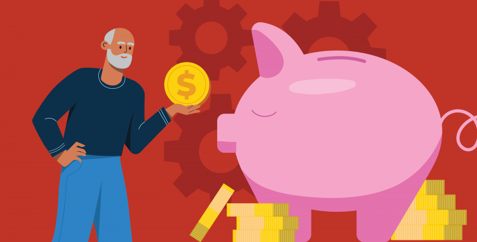 Illustration d'un homme en train de mettre une pièce dans une tirelire géante.