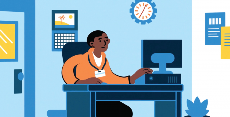 Graphique vidéo WFA Capture d'écran tirée d'une vidéo montrant une personne assise à un bureau et regardant un ordinateur.