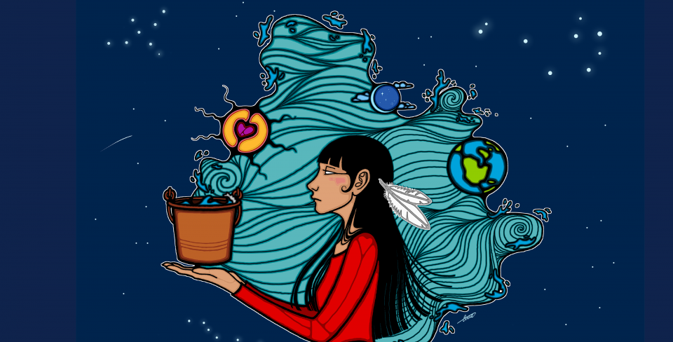 Illustration of an Indigenous woman carrying water, symbolizing a sacred bond with the Earth.