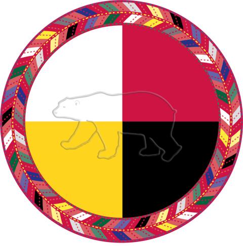Logo du RNPA: cercle avec un ours transparent au milieu. Chaque quart du cercle à une couleur différente. Commençant en haut à droit, dans le sens des aiguilles d'une montre, Rouge, noir, jaune et blanc.